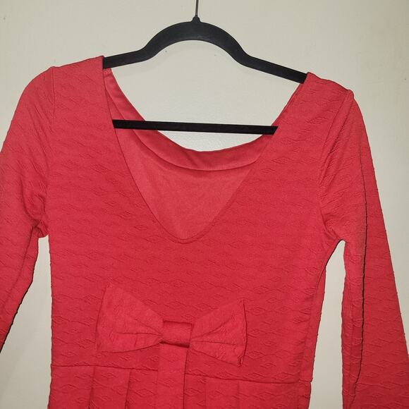 Red Fit & Flare Dress with Beaded Neckline & Bow Detail – Size Small - Picture 9 of 13